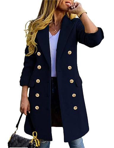 Kinghua Winter Wollmäntel für Frauen Zweireiher gekerbtes Revers mittellange Peacoat Jacken, Marineblau, XX-Large von Kinghua