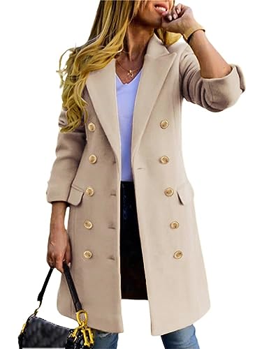 Kinghua Wintermantel aus Wolle für Damen, zweireihig, gekerbtes Revers, mittellang, Peacoat-Jacken, Beige, X-Large Kinghua Wintermantel aus Wolle für Damen, zweireihig, gekerbtes Revers, mittellang, Peacoat-Jacken, Beige, X-Large von Kinghua