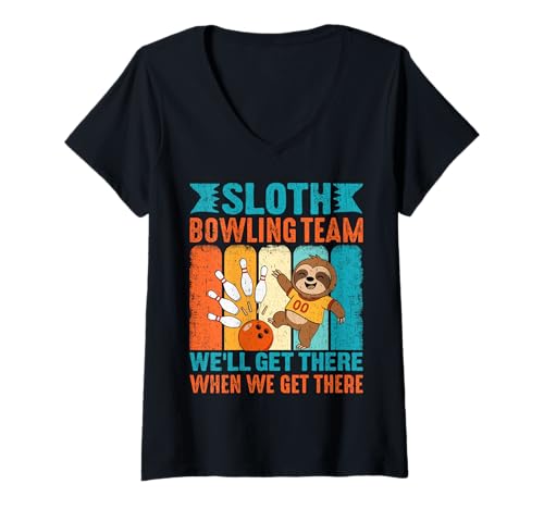 Damen Retro Faultier Bowling Team Funny Sport Strike T-Shirt mit V-Ausschnitt Damen Retro Faultier Bowling Team Funny Sport Strike T-Shirt mit V-Ausschnitt von Kingpin Club