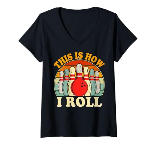Damen So Rolle ich Lustiges Bowlingteam T-Shirt mit V-Ausschnitt von Kingpin Legends