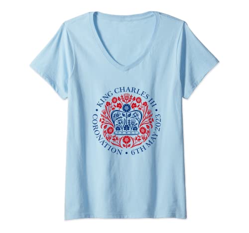 Damen Erinnerungsstücke zum britischen König III. Charles Krönung 2023 T-Shirt mit V-Ausschnitt Damen Erinnerungsstücke zum britischen König III. Charles Krönung 2023 T-Shirt mit V-Ausschnitt von Kings Coronation Merchandise Coronation Emblem