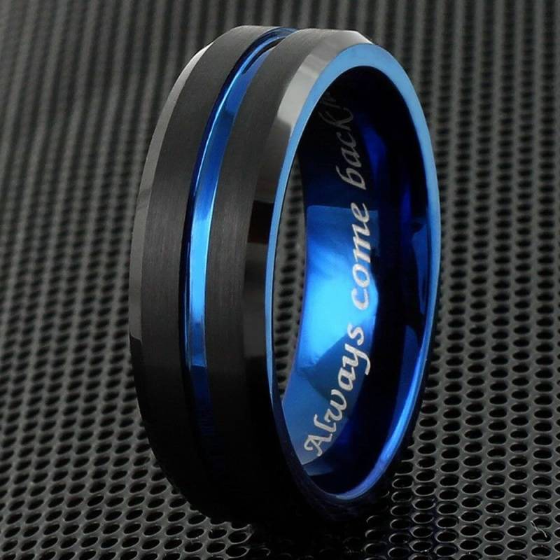 Dünne Blaue Linie Ring | Herren Wolfram Hochzeit Größe 5-17 6mm 8mm Schwarzes Frauenband Polizei Personalisierte Gravur Geschenk Strafverfolgung von KingsRansomJewelry