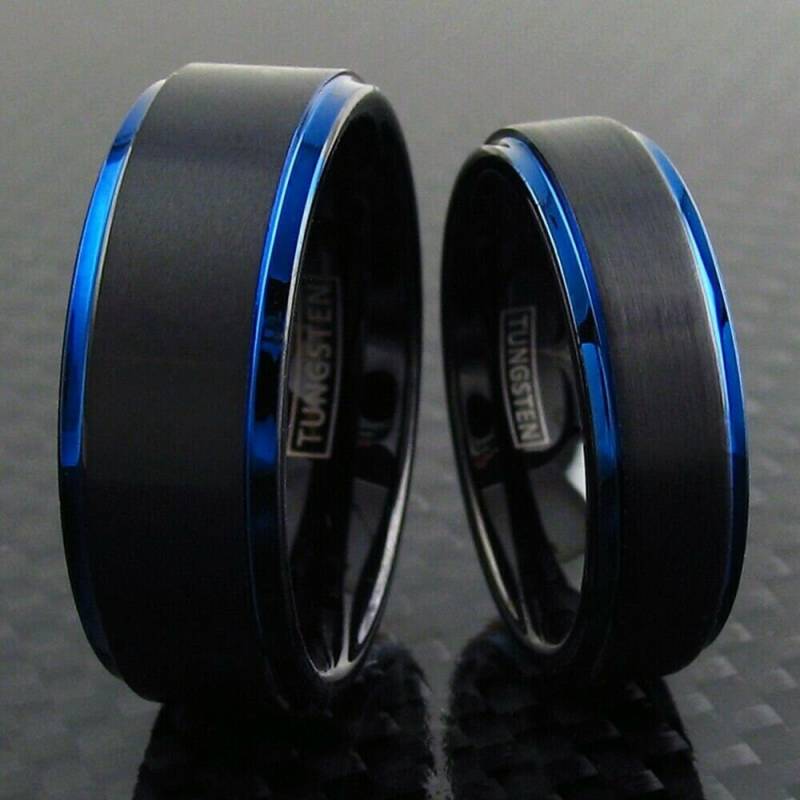 Dünner Blauer Linienring | Herren Damen Tungsten Hochzeitsband Größe 5-15 6mm 8mm Schwarzes Band Comfort Fit Personalisierte Gravur Polizei Geschenk von KingsRansomJewelry