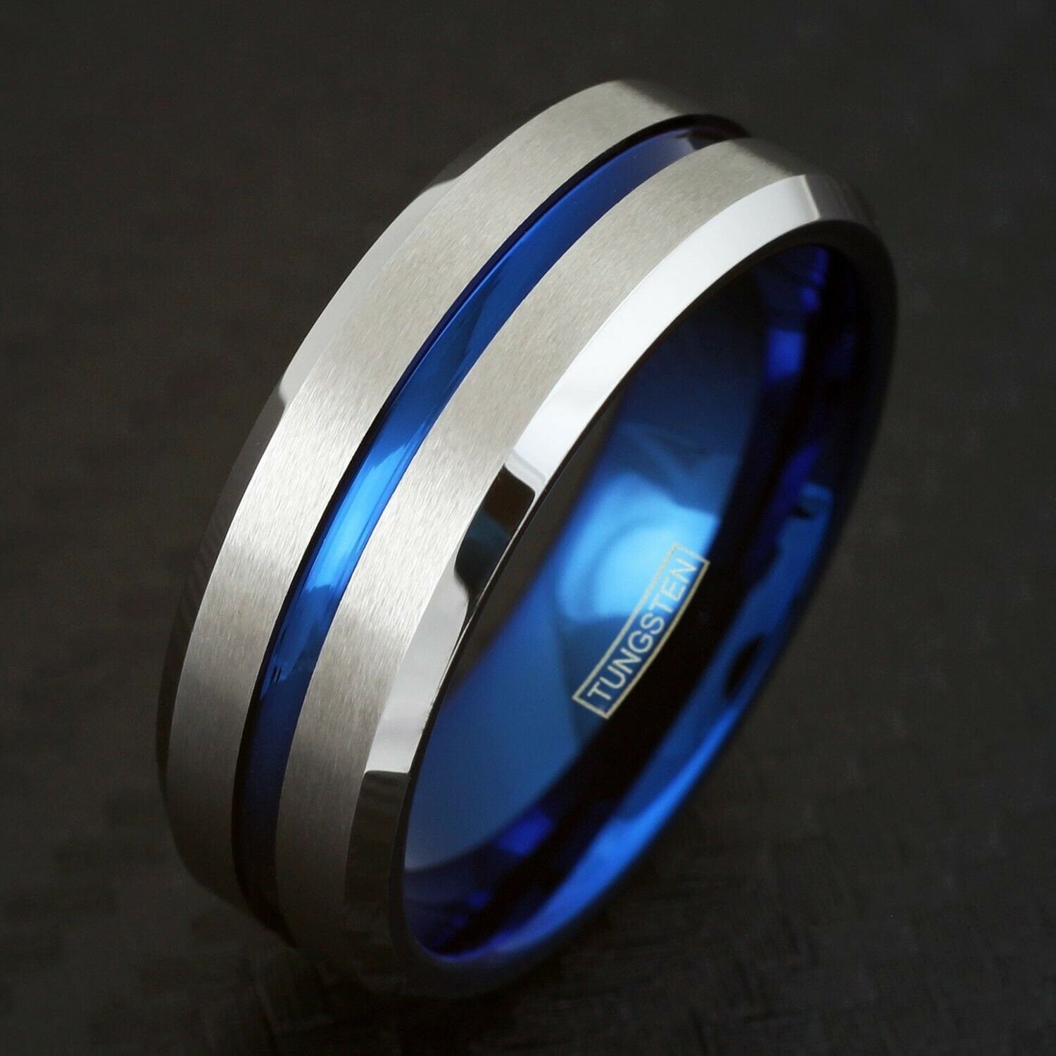 Gravierter Dünner Blauer Linienring | Größe 5-15 6mm 8mm Gebürstetes Silber Wolfram Band Personalisierte Gravur Polizeigesetz Ordnungshüter Geschenk von KingsRansomJewelry