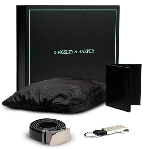 Kingsley & Harper Reise-Geschenk-Set – Stilvolle Pendler-Essentials mit PU-Leder-Ratschengürtel, faltbarer Geldbörse, schwarzem, wasserabweisendem Regenmantel, Flaschenöffner, Schlüsselanhänger und von Kingsley & Harper