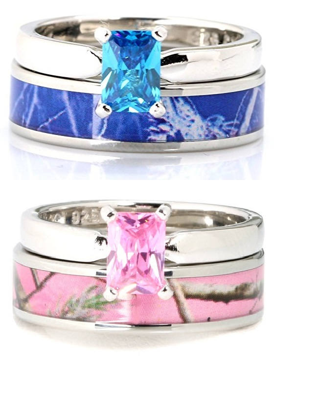 2 Stk. Blau/Pink Camo Ring Set Edelstahl 925 Sterling Silber Verlobungsring von KingswayJewelry
