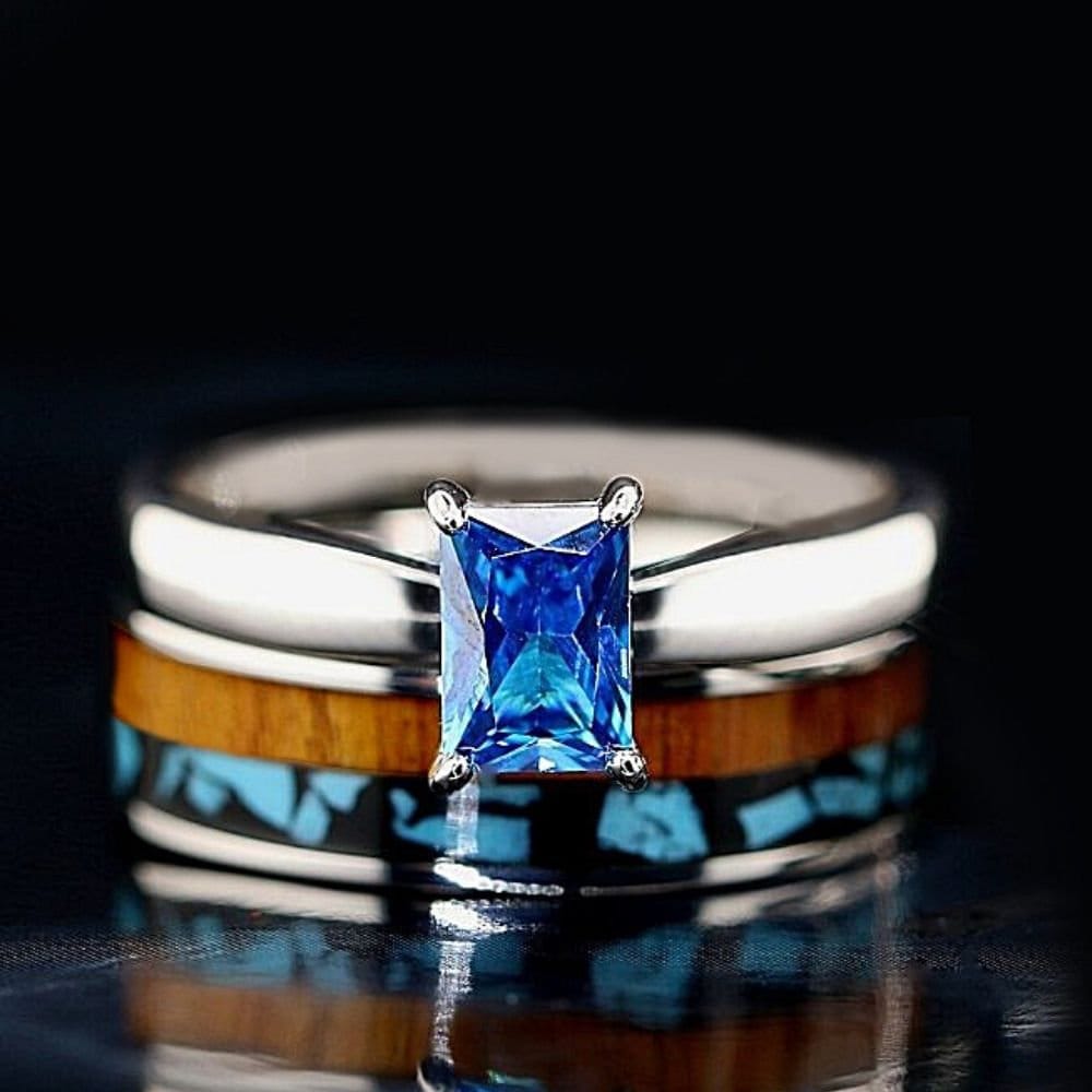 2 Stück Ehering Set Türkis Ring Koa Holz Edelstahl Und Sterling Silber Zirkonia Verlobungsring von KingswayJewelry