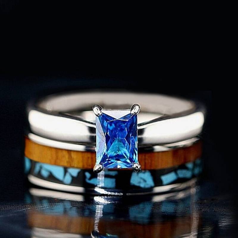 2 Stück Ehering Set Türkis Ring Koa Holz Edelstahl Und Sterling Silber Zirkonia Verlobungsring von KingswayJewelry