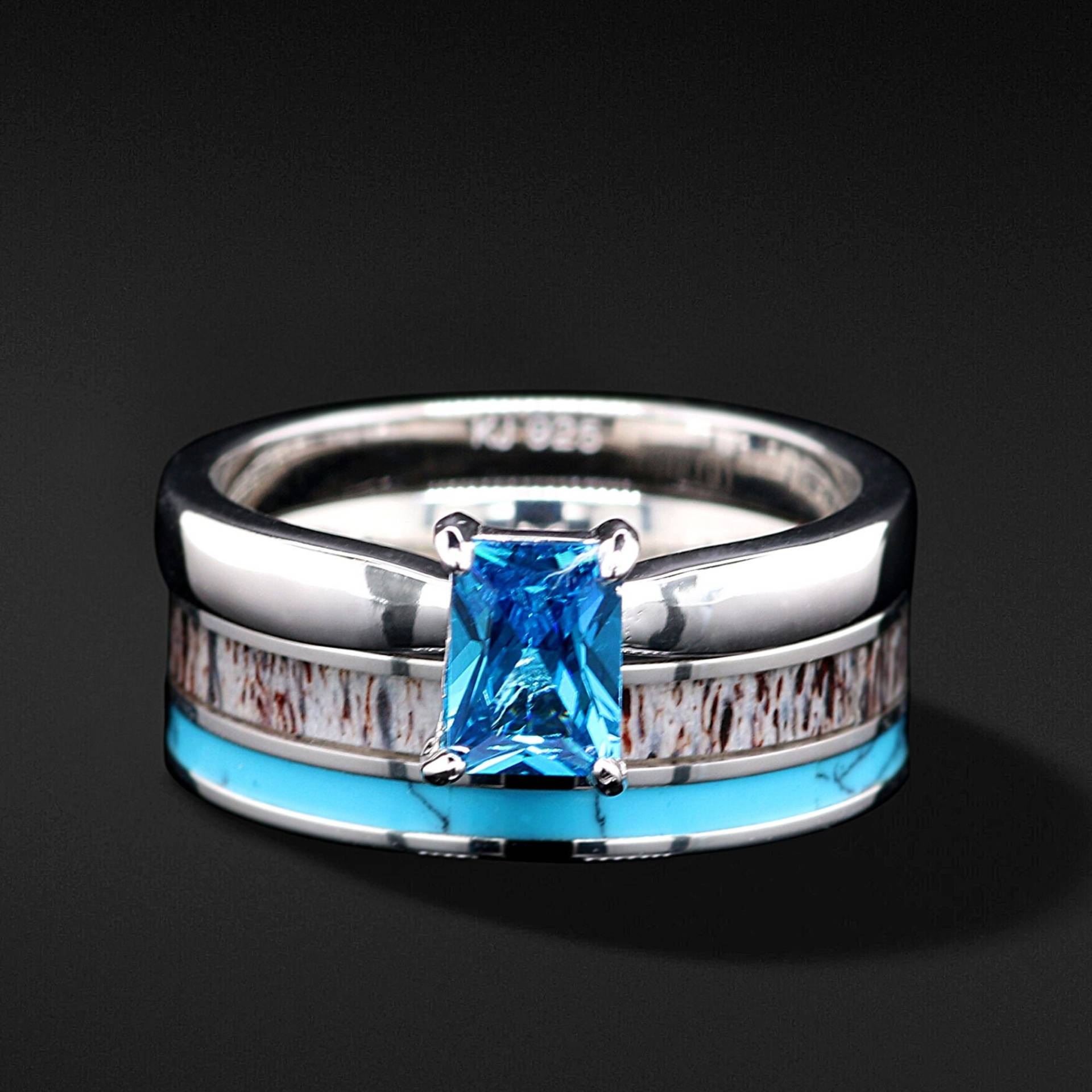 2 Stück Natur Hirschgeweih Türkis Ring Zirkonia Ehering Set - Gratis Gravur von KingswayJewelry