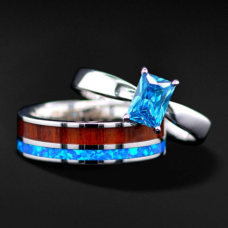 2 Stück Opal Ehering Set Koa Holz Band Edelstahl Und Sterling Silber Verlobungsringe von KingswayJewelry