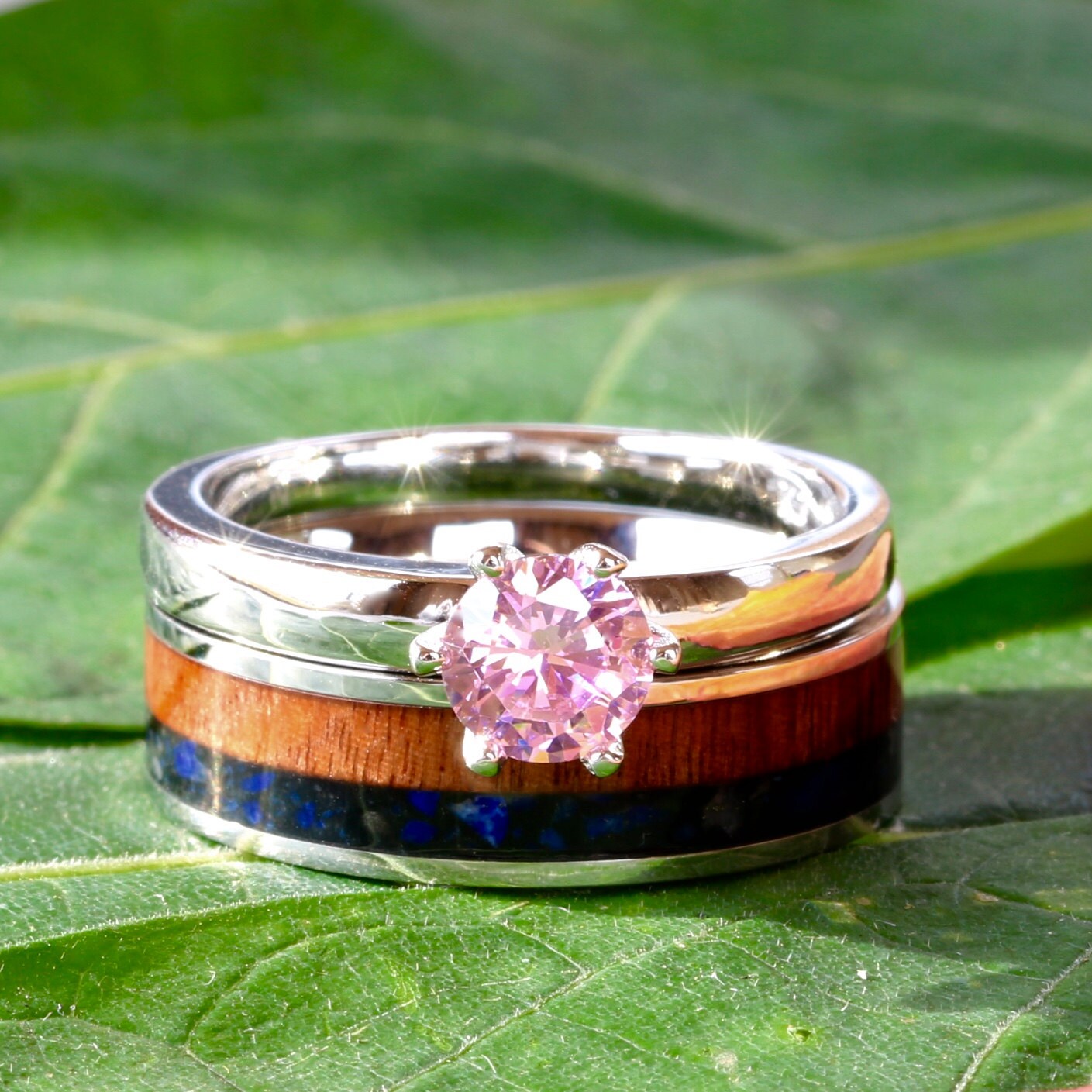 2Er Set Eheringe Lapislazuli Koa Holz Edelstahl Rosa Zirkonia Verlobungsring - Kostenlose Gravur von KingswayJewelry