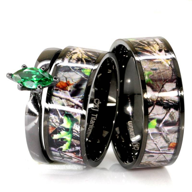 3 Stk. Schwarze Camo Eheringe Set Smaragd Zirkonia Marquise Verlobungsringe von KingswayJewelry