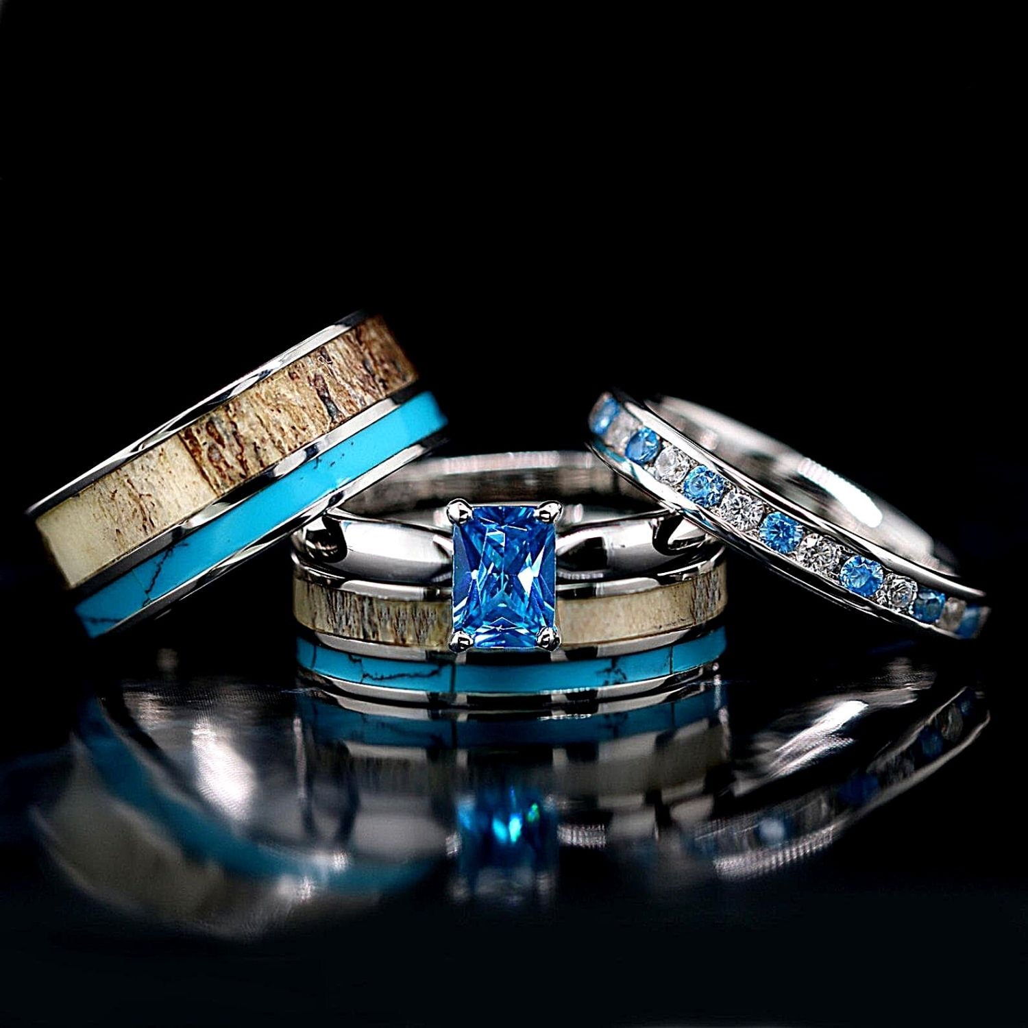 4 Stück Hirschgeweih Ring Set Türkis Ringe Seine & Ihre Ehering von KingswayJewelry