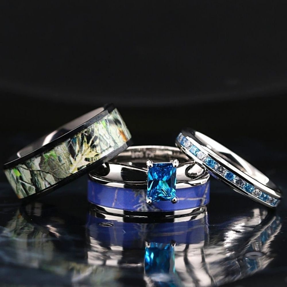 4Stk Blau Camo Ehering Set Edelstahl 925 Sterling Silber Saphir Zirkonia Verlobungsring von KingswayJewelry
