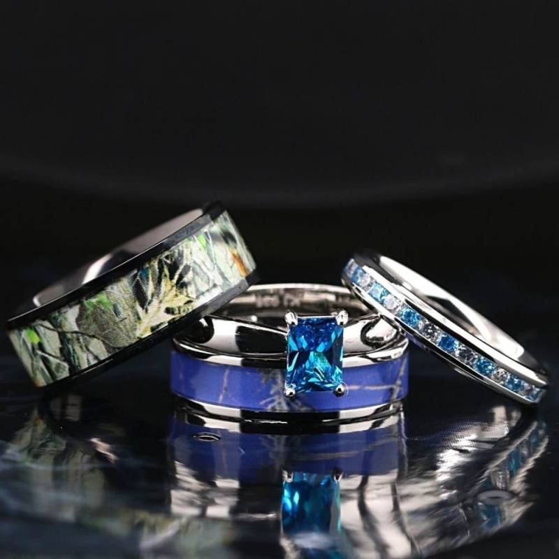 4Stk Blau Camo Ehering Set Edelstahl 925 Sterling Silber Saphir Zirkonia Verlobungsring von KingswayJewelry