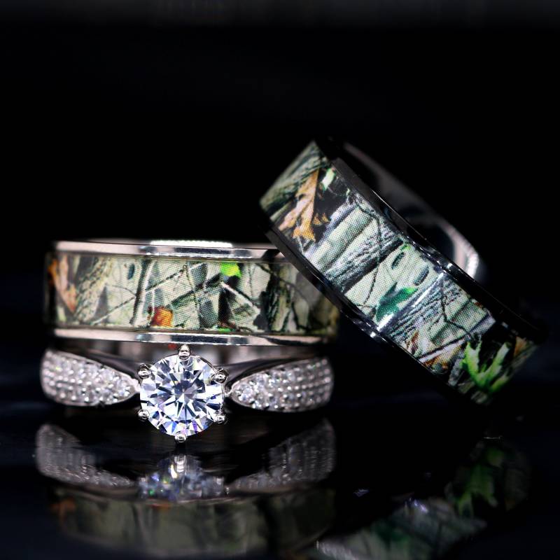 Camo Ehering Set Für Sie Und Ihn, Titan, Schwarz Ip, Sterling Silber, Rhodinierung Free Personalisierung von KingswayJewelry