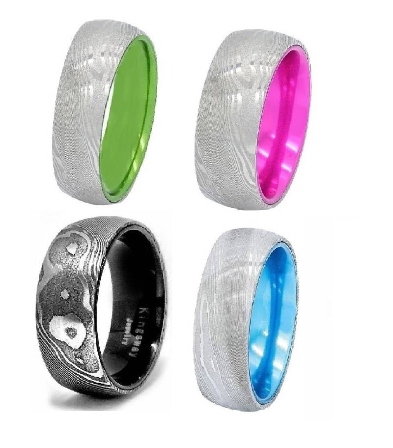 Damast Stahl Ring Blau/Grün Rosa Schwarz Überzogenes Aluminium Innen Mokume Gane Ehering - Kostenlose Gravur von KingswayJewelry