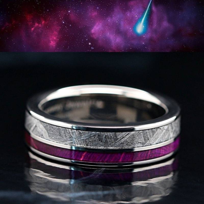 Echter Muonionalusta Meteorit Ring Mit Lila Koa Holz Inlay - 6mm Comfort Fit Ehering Sehr Strapazierfähiges Titanband Kostenlose Gravur von KingswayJewelry