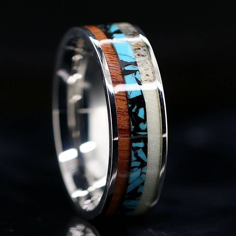 Edelstahl Natürliche Hirschgeweih Ehering Türkis Ring Koa Holz Verlobungsring - Kostenlose Gravur von KingswayJewelry