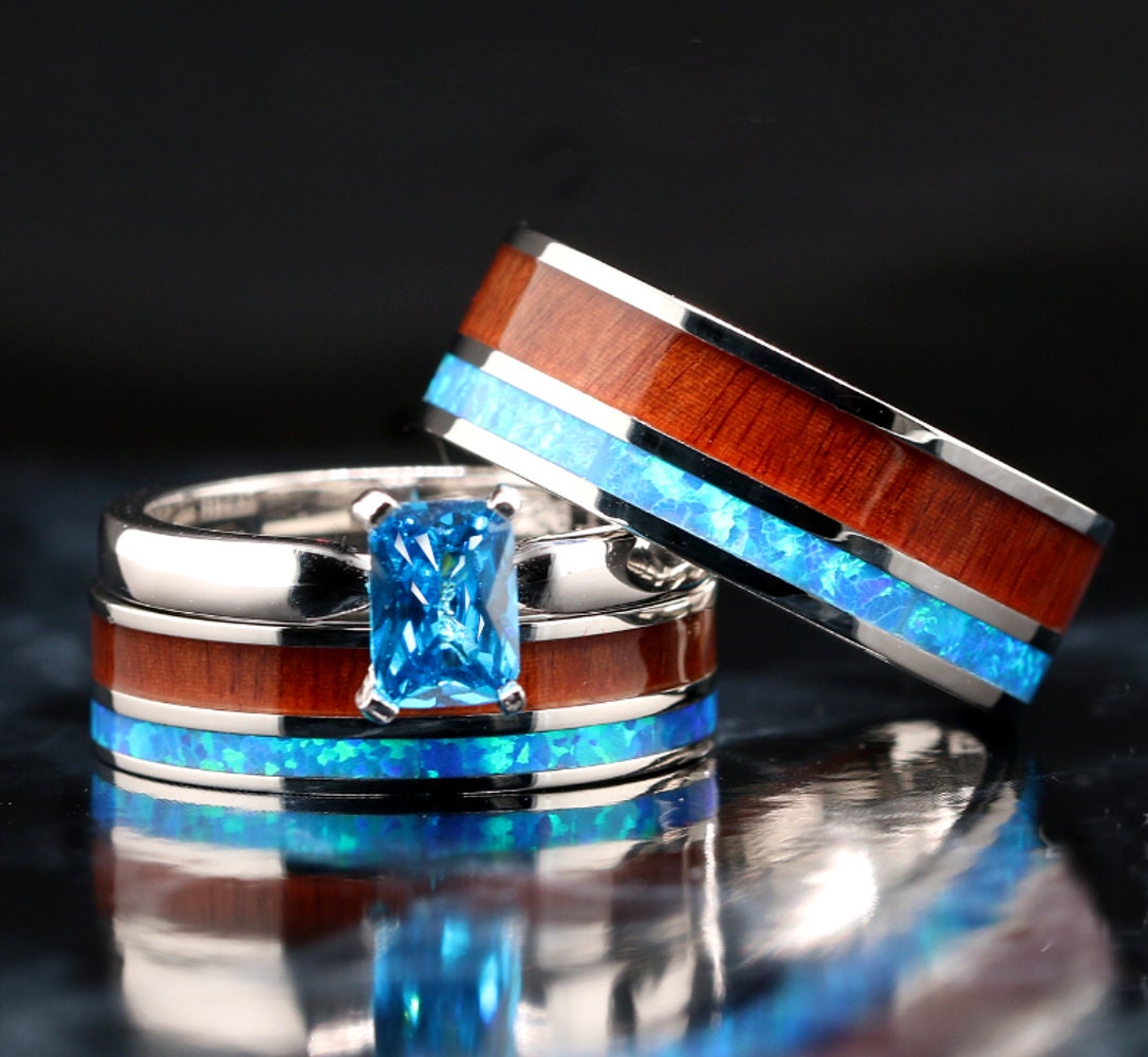 Für Sie Und Ihn 3 Teiliges Trauring Set Opal Ring Hawaiian Koa Holz Bands Edelstahl Sterling Silber Verlobungsring - Kostenlose Gravur von KingswayJewelry