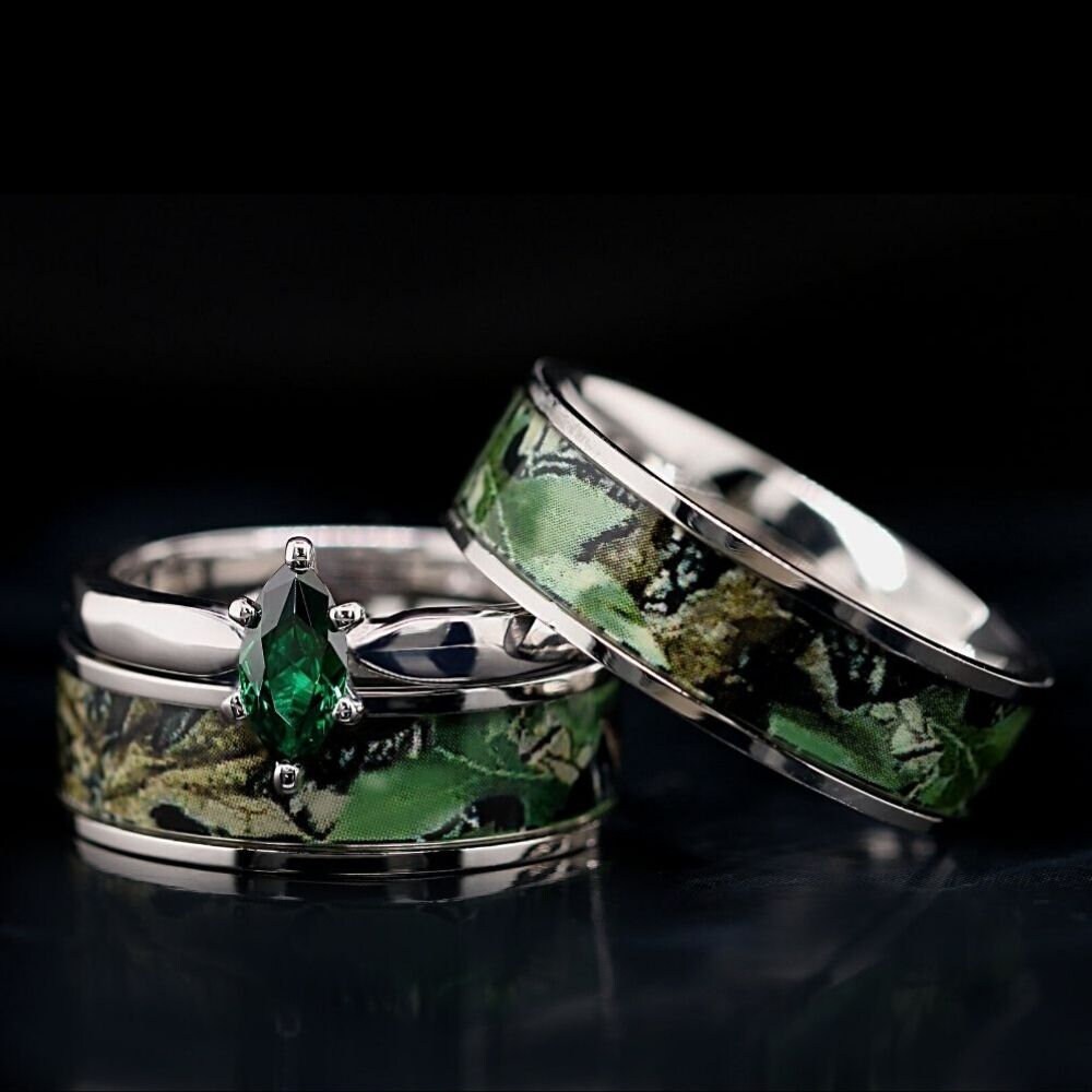 Für Sie Und Ihn Grün Camo Ring Set Grüner Marquis Edelstahl Sterling Silber Ehering Eheringe von KingswayJewelry