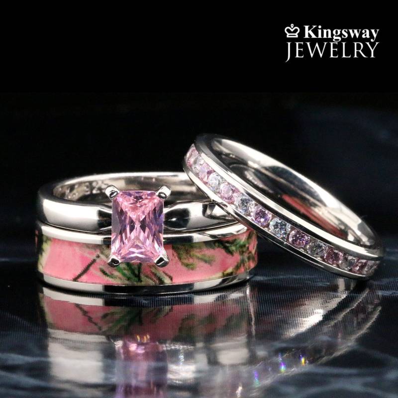 Gravierte 3x Pink Camo Ring Set Edelstahl Band 925Er Sterling Silber Trauring - Kostenlose Gravur von KingswayJewelry
