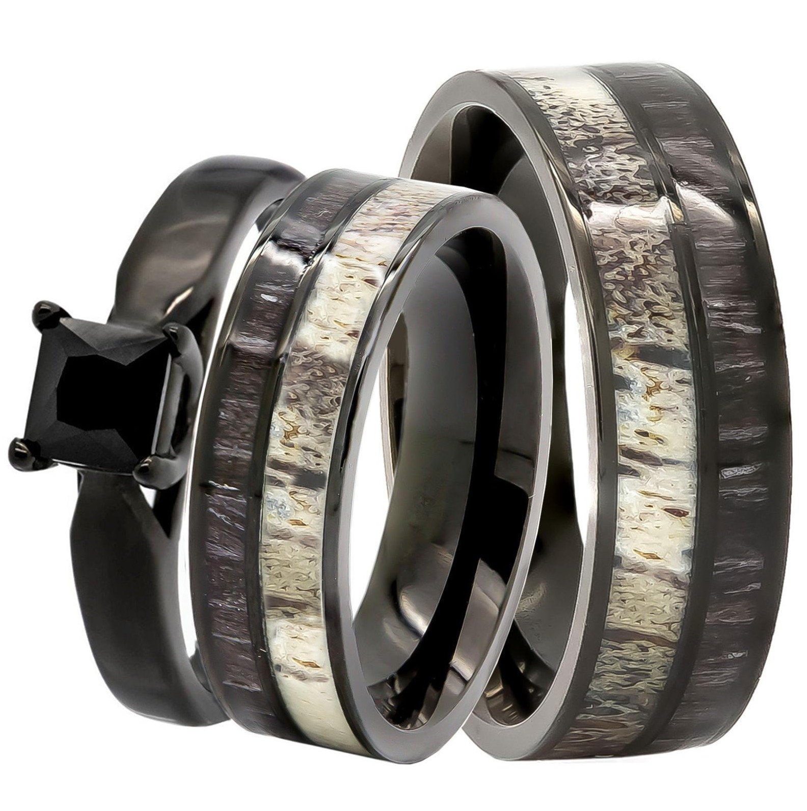 His & Her Geweih Trauringe Schwarz Koa Holz Verlobungsringe Spinell Verlobungsring - Kostenlose Gravur von KingswayJewelry