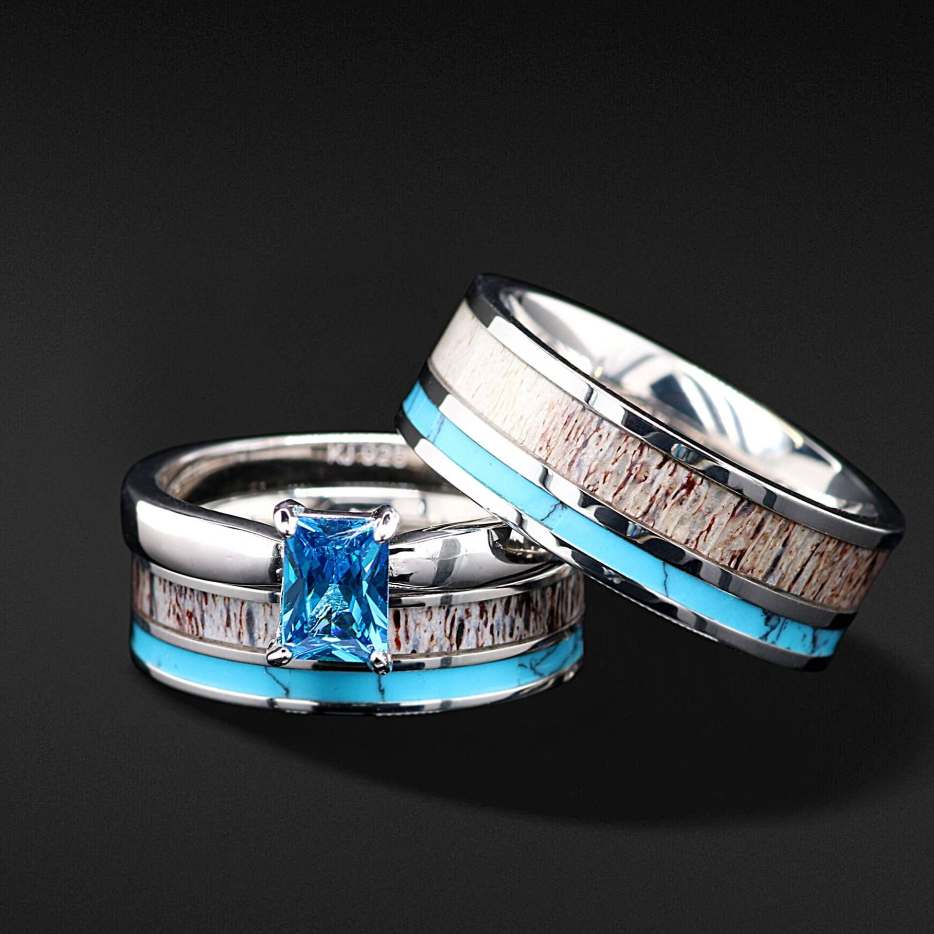 His & Her Natürliche Hirschgeweih Ring Set Türkis Verlobungsringe - 3 Teiliges Ehering von KingswayJewelry