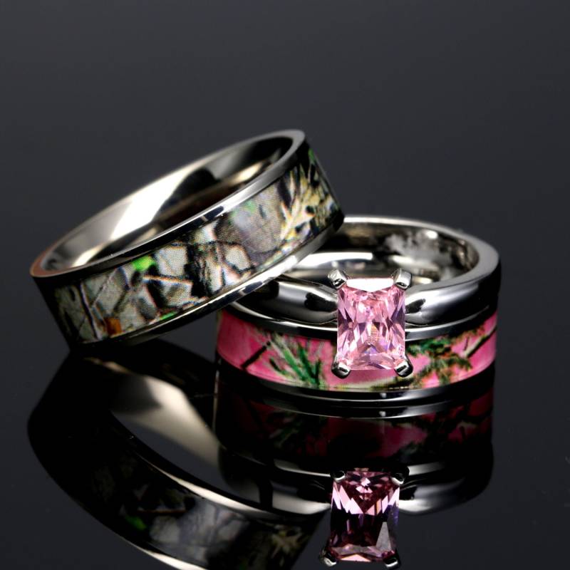 His & Hers 3 Teilig Camo Ehering Set Sterling Silber Titan Edelstahl Rosa von KingswayJewelry
