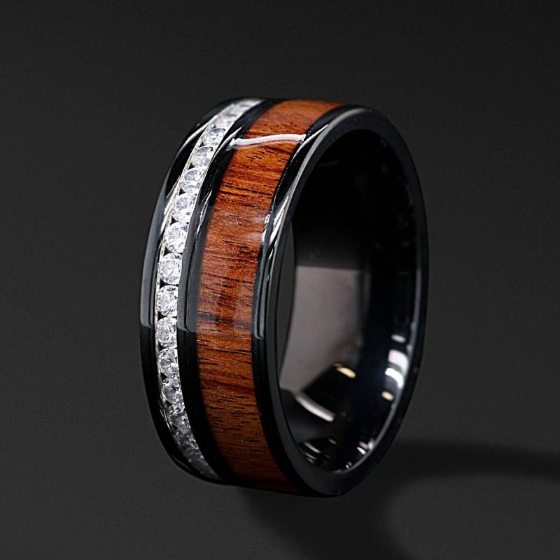 Koa Holz Ring Schwarz Edelstahl Verlobung Ehering Zirkonia Band - Kostenlose Gravur von KingswayJewelry