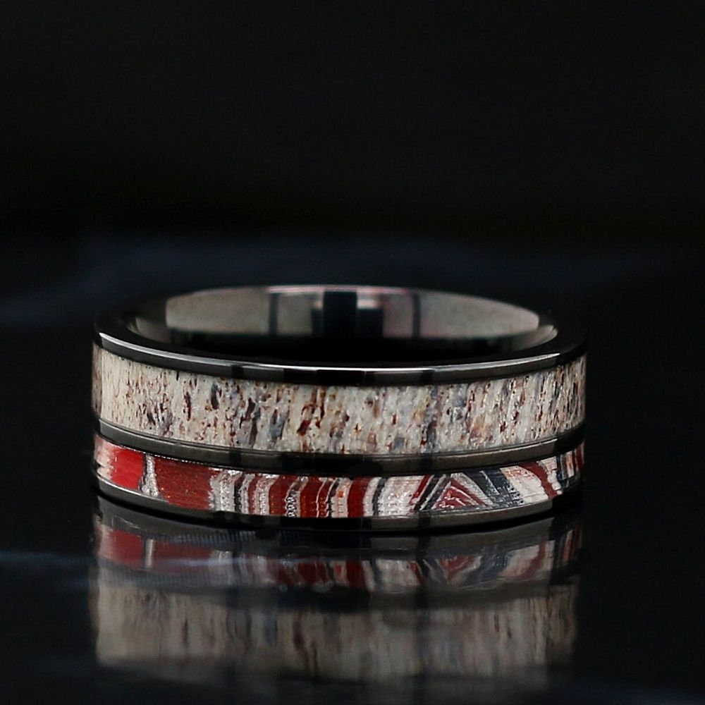 Natürliche Hirschgeweih Und Fordite Ring Schwarz Edelstahl Ehering - Kostenlose Gravur von KingswayJewelry