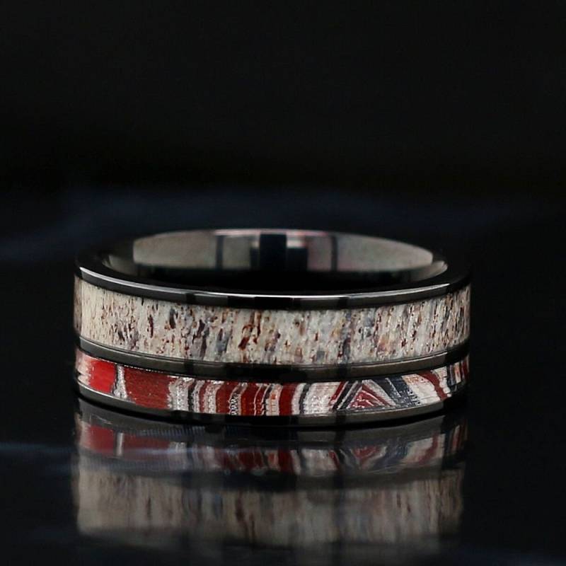 Natürliche Hirschgeweih Und Fordite Ring Schwarz Edelstahl Ehering - Kostenlose Gravur von KingswayJewelry