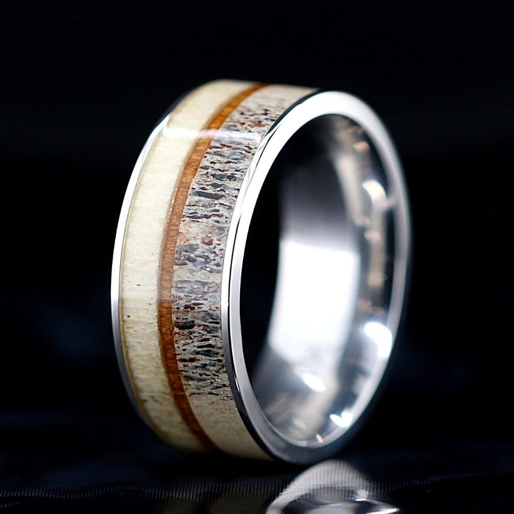 Natürlicher Hirschgeweihring Mit Inlay Aus Koa Holz - Unisex Herrenring, Damenring Edelstahl Ehering Band von KingswayJewelry