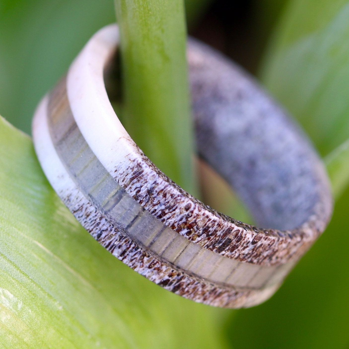 Natur Hirschgeweih Ring Mit Grau Koa Holz Inlay - Unisex Ehering Jäger Band von KingswayJewelry