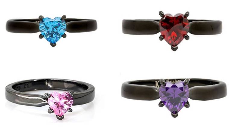 Schwarz Überzogener Edelstahl-Rosa/Blau Rot Lila Herz-Ehering-Liebe-Verlobungsring von KingswayJewelry