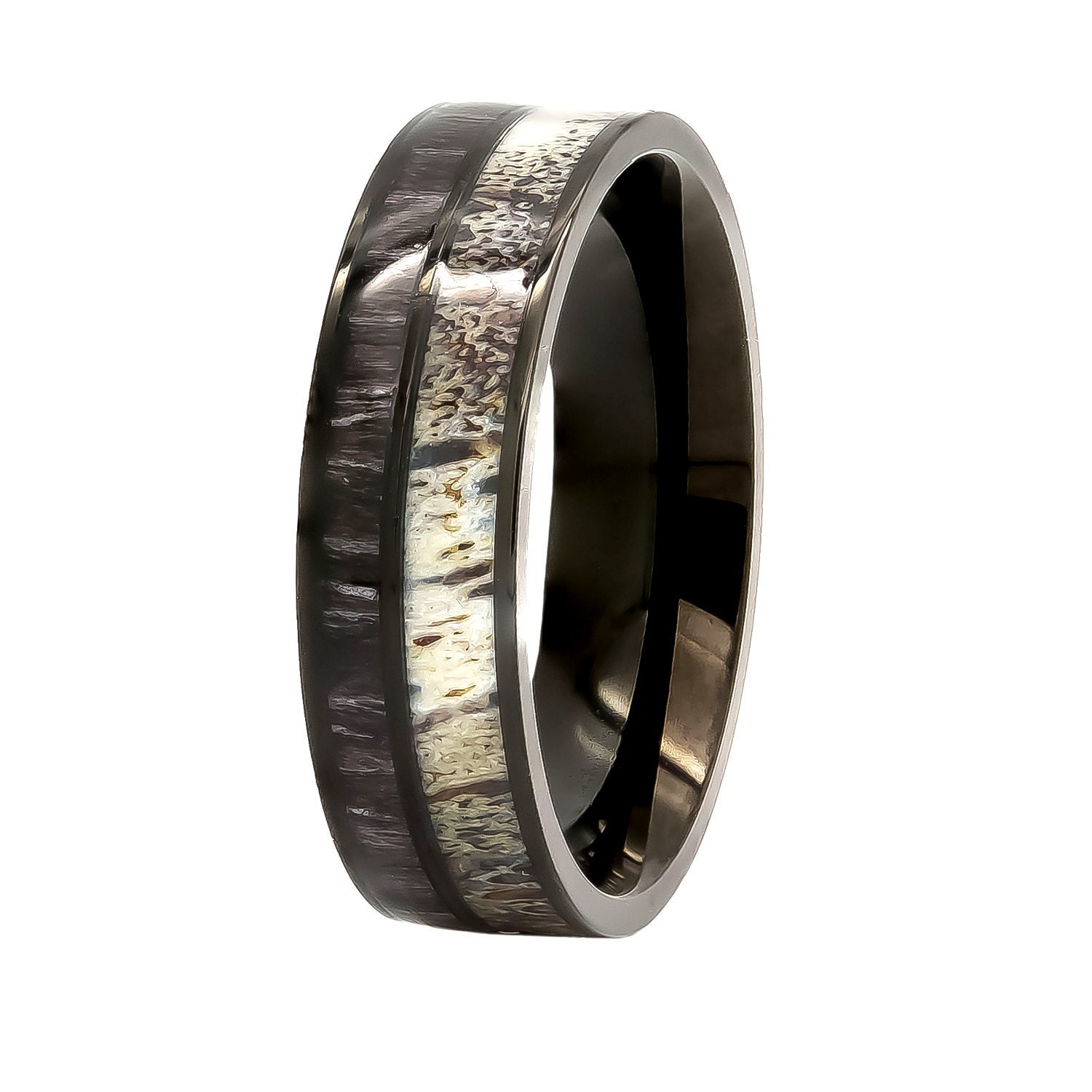 Schwarzer Hirschgeweih Koa Holz Ring - Edelstahl Jäger Ring Hunter Band Gratis Gravur von KingswayJewelry
