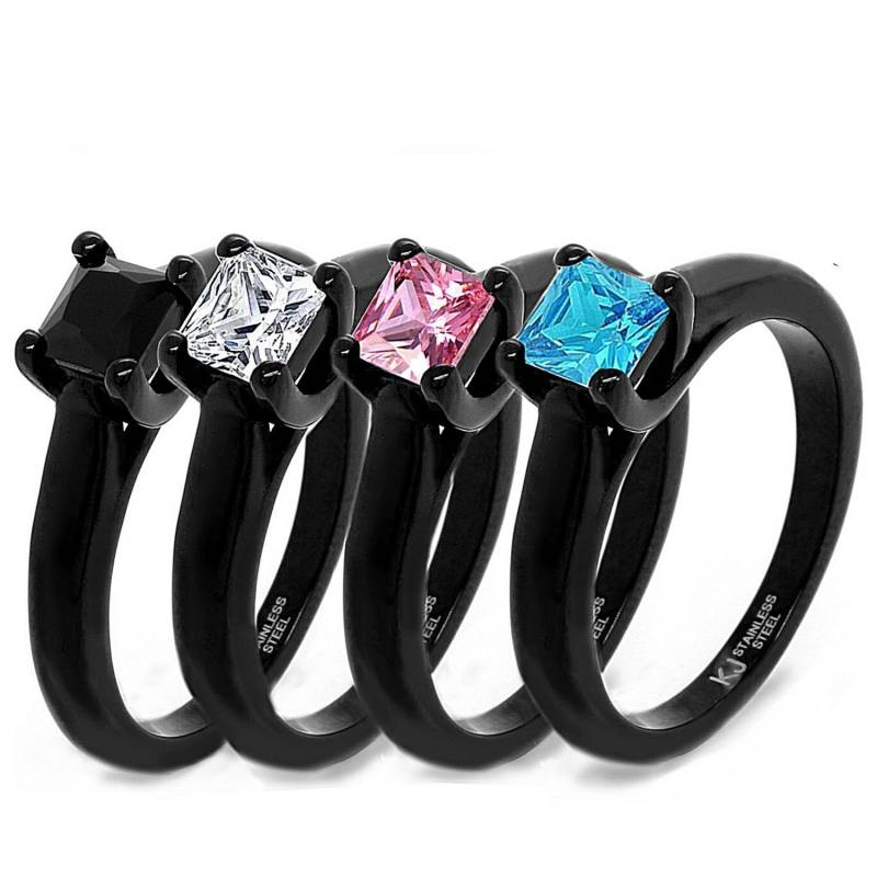Schwarzer Verlobungsring Edelstahl Pink/Blau Zirkonia Ehering Prinzessin von KingswayJewelry