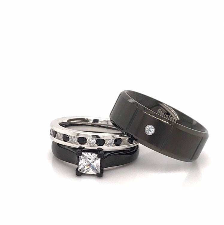 Sein Und Ihr Schwarz Weiß Ehering Set Edelstahl Sterling Silber Zirkonia Verlobungsringe von KingswayJewelry