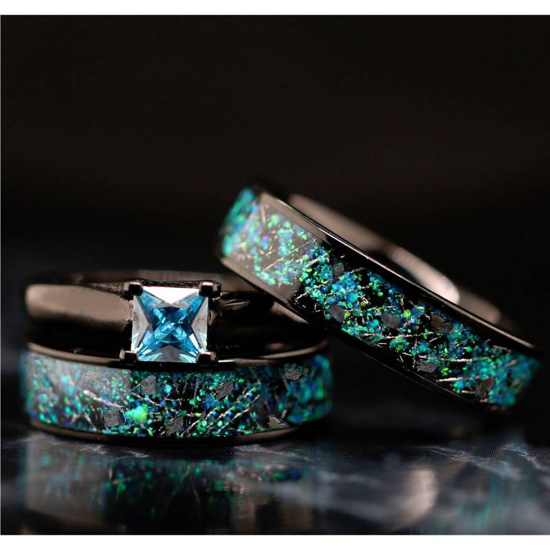 Sein Und Sie 3 Stück Echt Meteorit Ring & Opal Set Edelstahl-Verlobung Trauringe Blau Grün Versprechen Ring-Set Prinzessin von KingswayJewelry