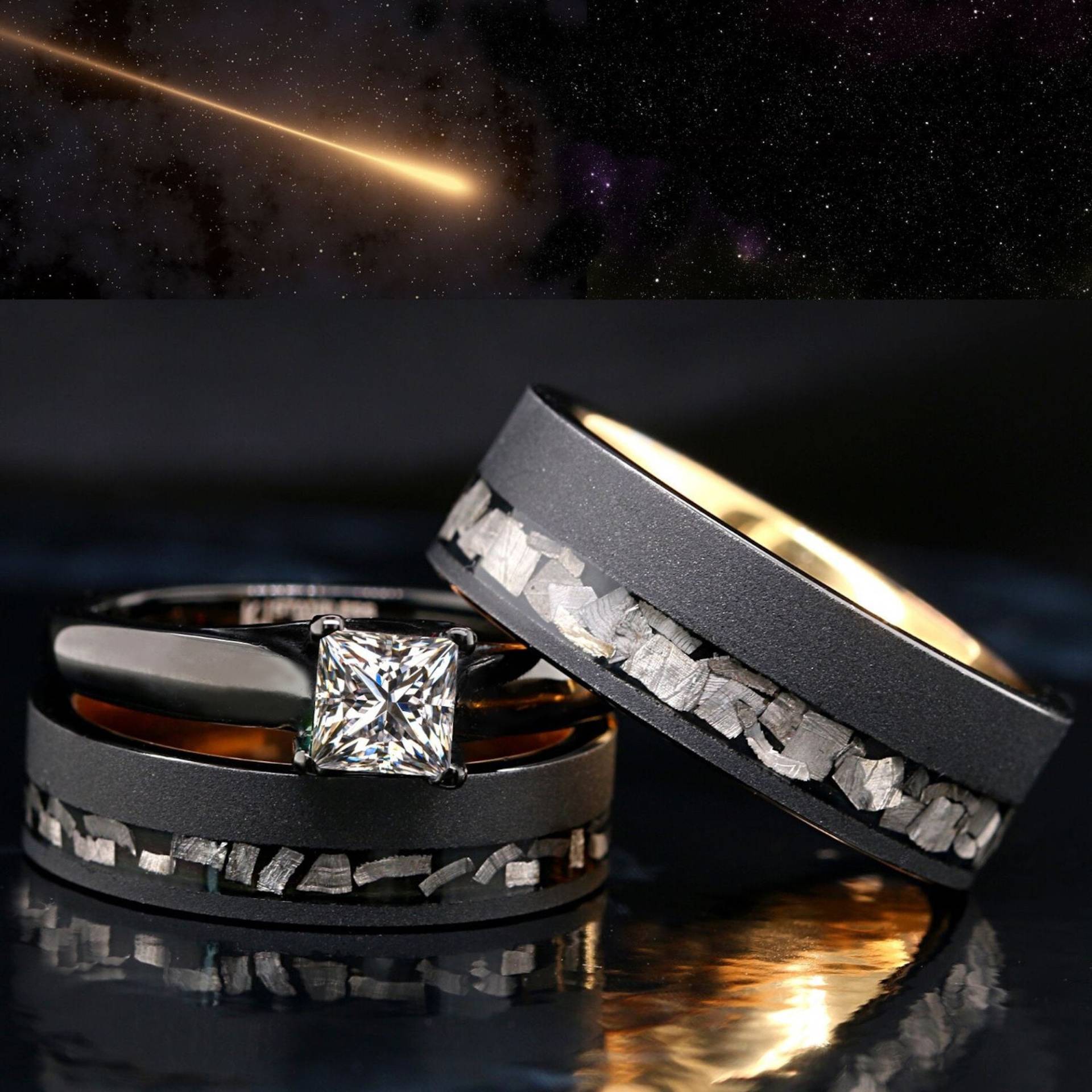 Sein Und Sie 3 Stück Meteorit Ring Wolfram Vergoldet & Stahl Verlobung Hochzeit Set Schwarz Gratis Gravur Sein Und Sie 3 Stück Meteorit Ring Wolfram Vergoldet & Stahl Verlobung Hochzeit Set Schwarz Gratis Gravur von KingswayJewelry