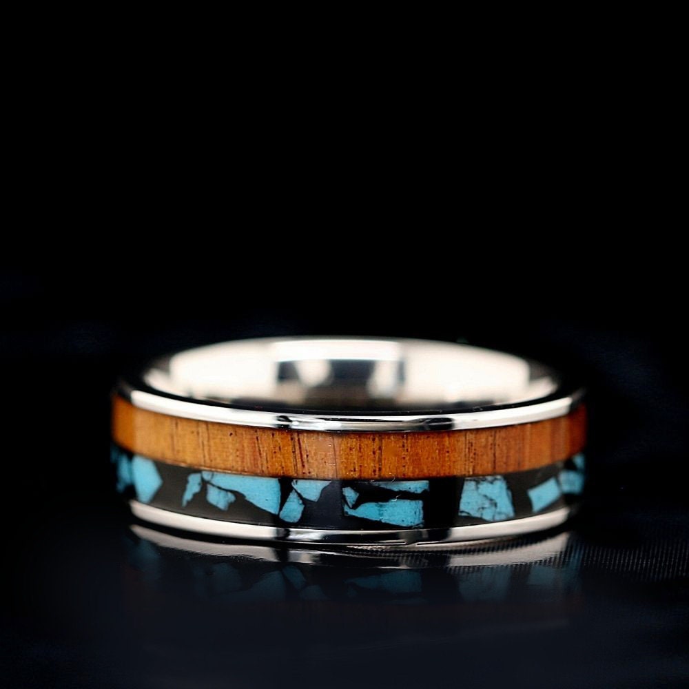 Unisex Türkis Ehering Hawaiian Koa Holz Ring Edelstahl - Kostenlose Gravur von KingswayJewelry