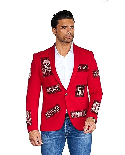 KINGZ DISTRIQT Herren Sakko mit Strass veredelt, Herren Blazer Designer Jacke, Totenkopf Sakko, Blazer Skull 2291-1 Rot 50 von KINGZ