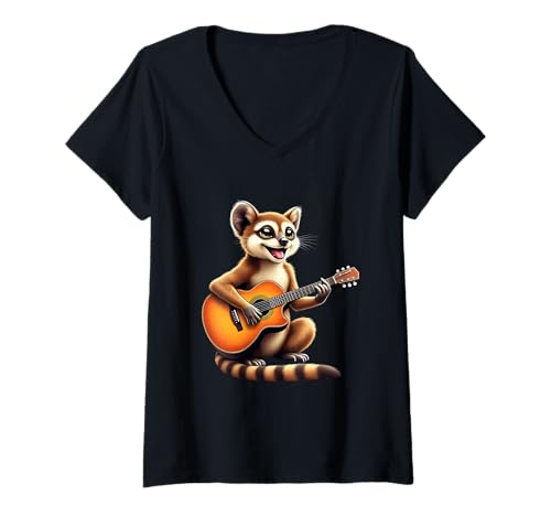 Damen Lustiges Kinkajou spielt Gitarre Design für Musikliebhaber T-Shirt mit V-Ausschnitt von Kinkajou Lovers Designs