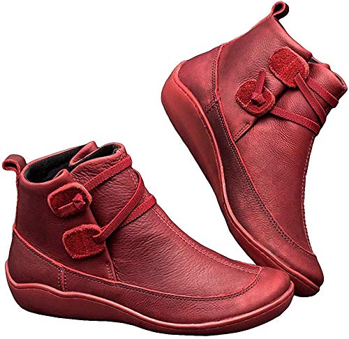 Kinloy Damen Leder Winter rutschfeste Schnürstiefel Bequemer Reißverschluss wasserdichte Vintage Elastische Knöchelschuhe Rot 40 EU von Kinloy