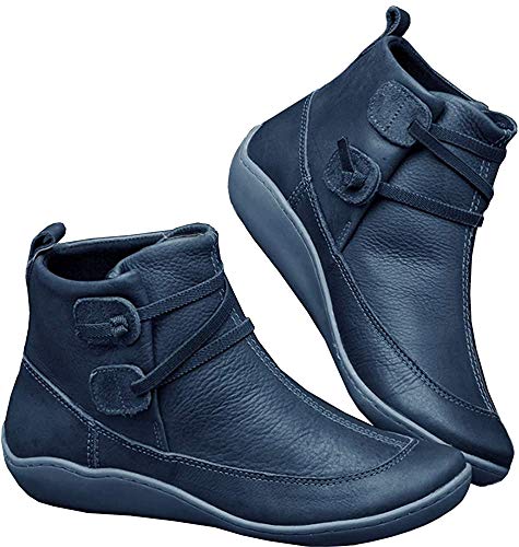 Kinloy Frauen Arch Support Leder Stiefel Flat Walk Wasserdicht Herbst Winter Slip On Stiefel Round Toe Weiche Sohle Schuhe Blau 39 EU von Kinloy