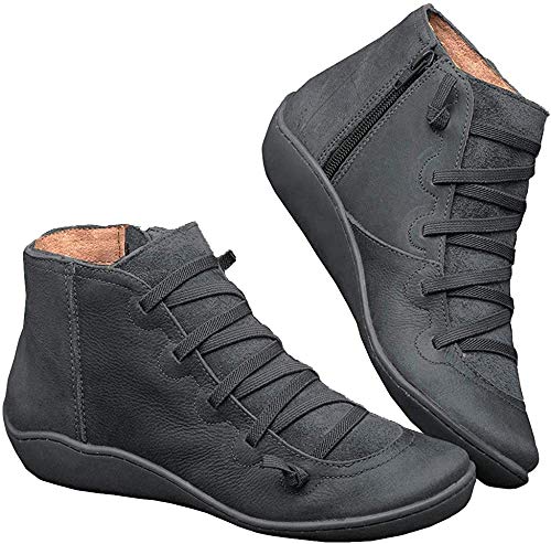 Kinloy Frauen Arch Support Leder Stiefel Flat Walk Wasserdicht Herbst Winter Slip On Stiefel Round Toe Weiche Sohle Schuhe Grau 38 EU von Kinloy