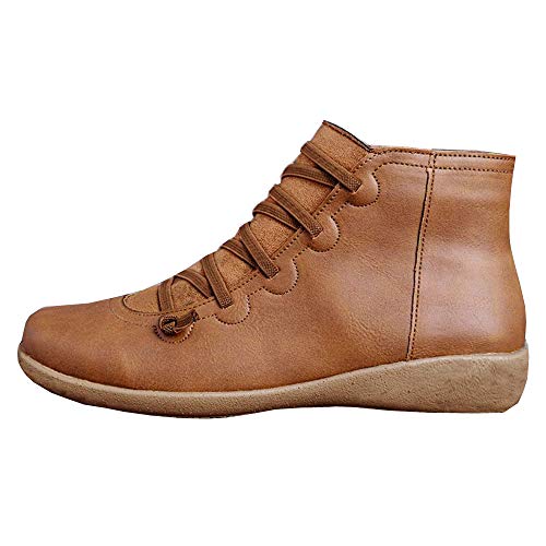 Kinloy Frauen Flache Ferse Stiefeletten Schnüren Seitlichem Reißverschluss wasserdichte Vintage Leder Mode rutschfeste Herbst Winter Freizeitschuhe Braun 35 EU von Kinloy