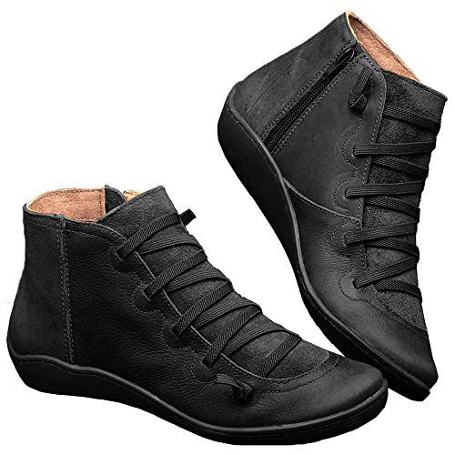 Kinloy Frauen Flache Ferse Stiefeletten Schnüren Seitlichem Reißverschluss wasserdichte Vintage Leder Mode rutschfeste Herbst Winter Freizeitschuhe Schwarz 35 EU von Kinloy