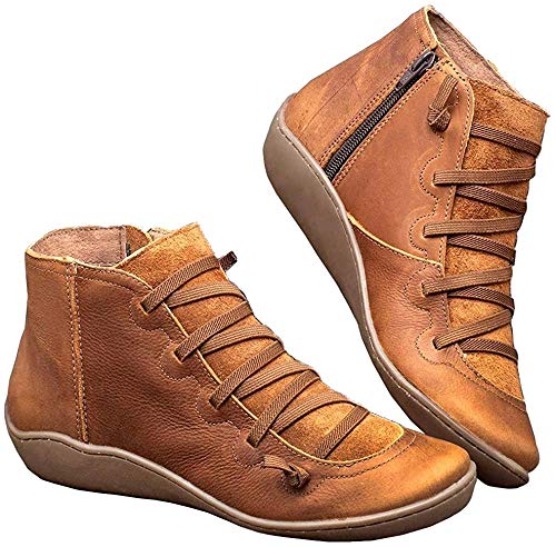 Kinloy Frauen Flache Ferse Weiche Bogenstütze Stiefel Leder Herbst Reißverschluss Schnürstiefeletten Damen Bequeme Kurze Stiefel Braun 37 EU von Kinloy