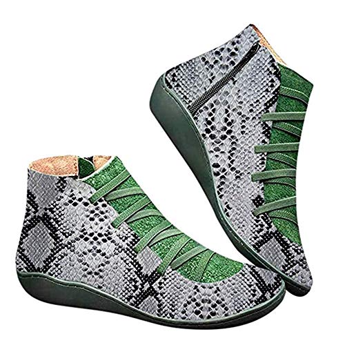 Kinloy Frauen Flache Ferse Weiche Bogenstütze Stiefel Leder Herbst Reißverschluss Schnürstiefeletten Damen Bequeme Kurze Stiefel Schlangenhaut Muster 37 EU von Kinloy